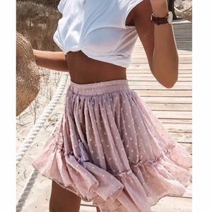 Boho Swiss dot ruffle hem elastic waist skirt pink